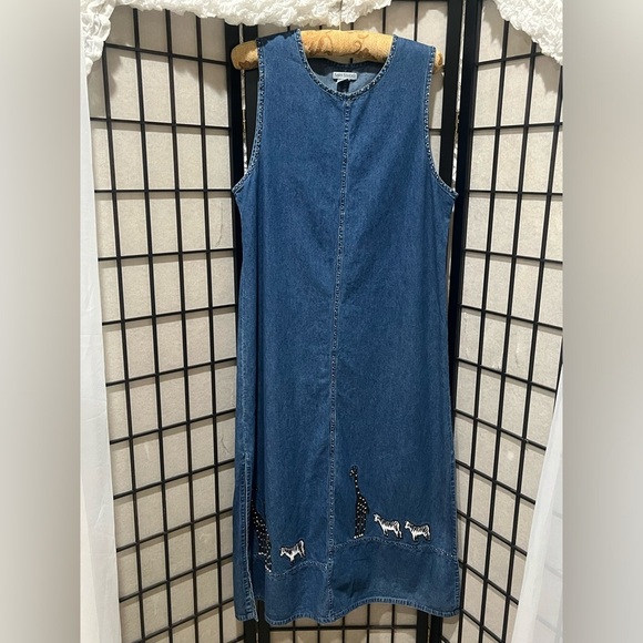 SARA STUDIO DENIM MAXI ANIMAL EMBROIDERED ARTSY JUMPER DRESS SIZE L - Picture 1 of 10